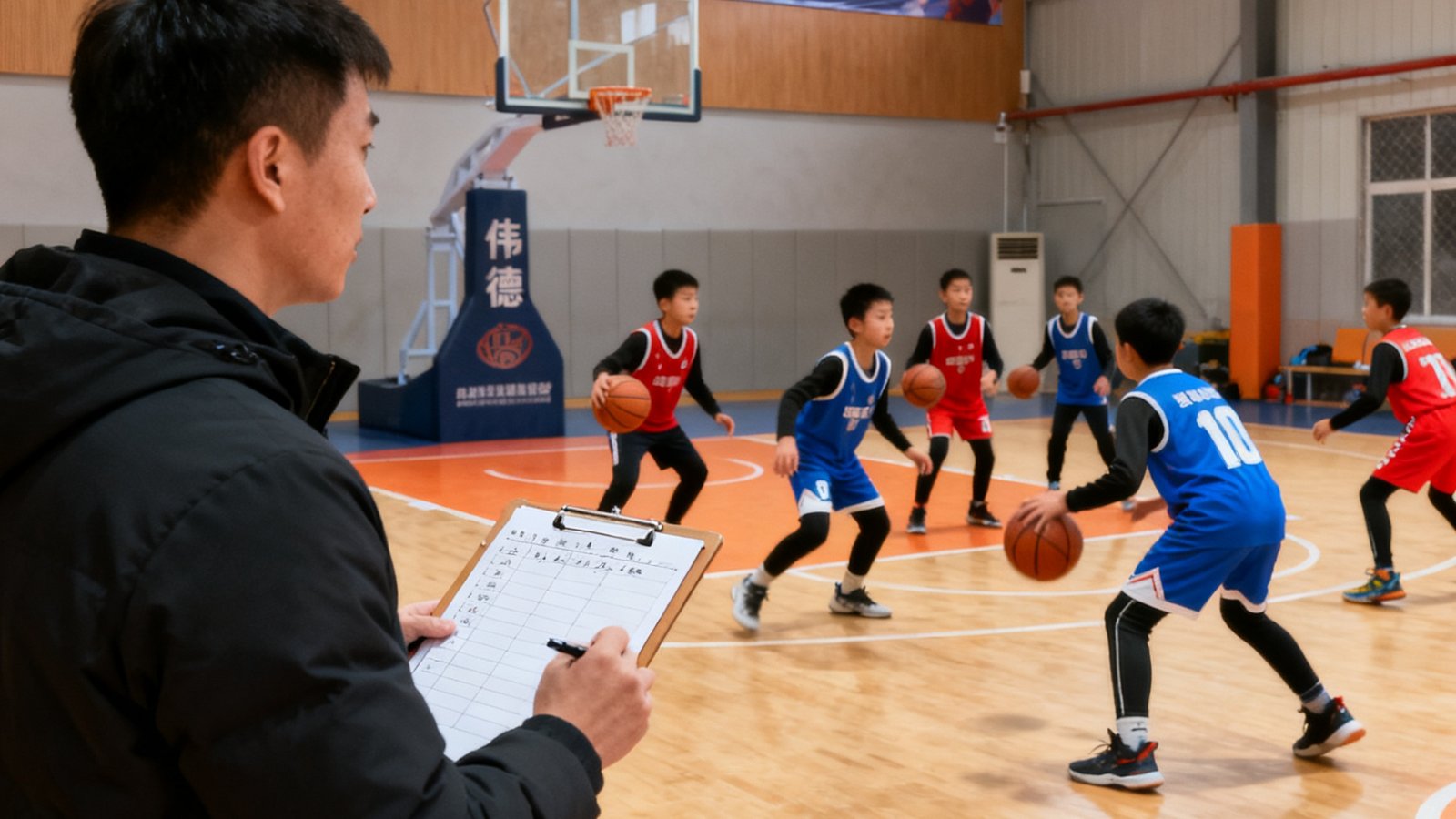 2025年寒假集训营中伟德体育学员们在篮球场上进行分组对抗训练，教练在场边记录数据，场馆内悬挂着集训营横幅。