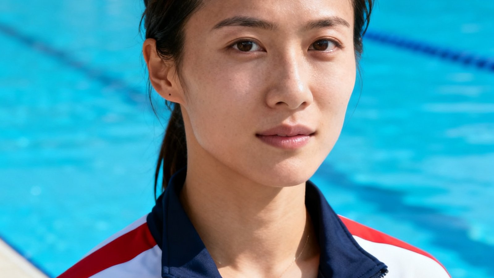 伟德体育游泳主教练李娜，28岁，女性，曾获全国游泳锦标赛铜牌，身穿专业泳装外套，站在泳池边。