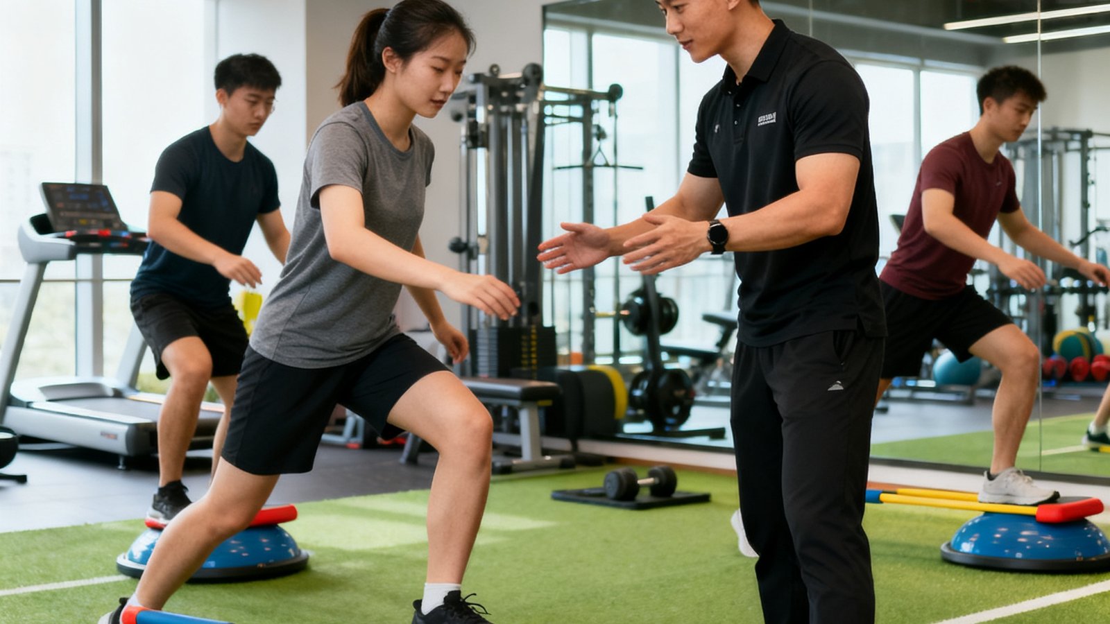 伟德体育体适能主管教练王浩，32岁，男性，持有运动康复学硕士学位，在体适能训练区指导学员使用平衡器材。