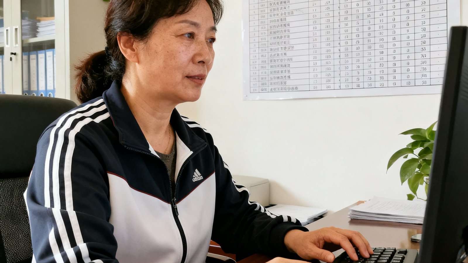 伟德体育中考体育专家陈敏，40岁，女性，曾是中学体育教研组长，在办公室分析学员成绩数据，墙上有中考评分标准表。