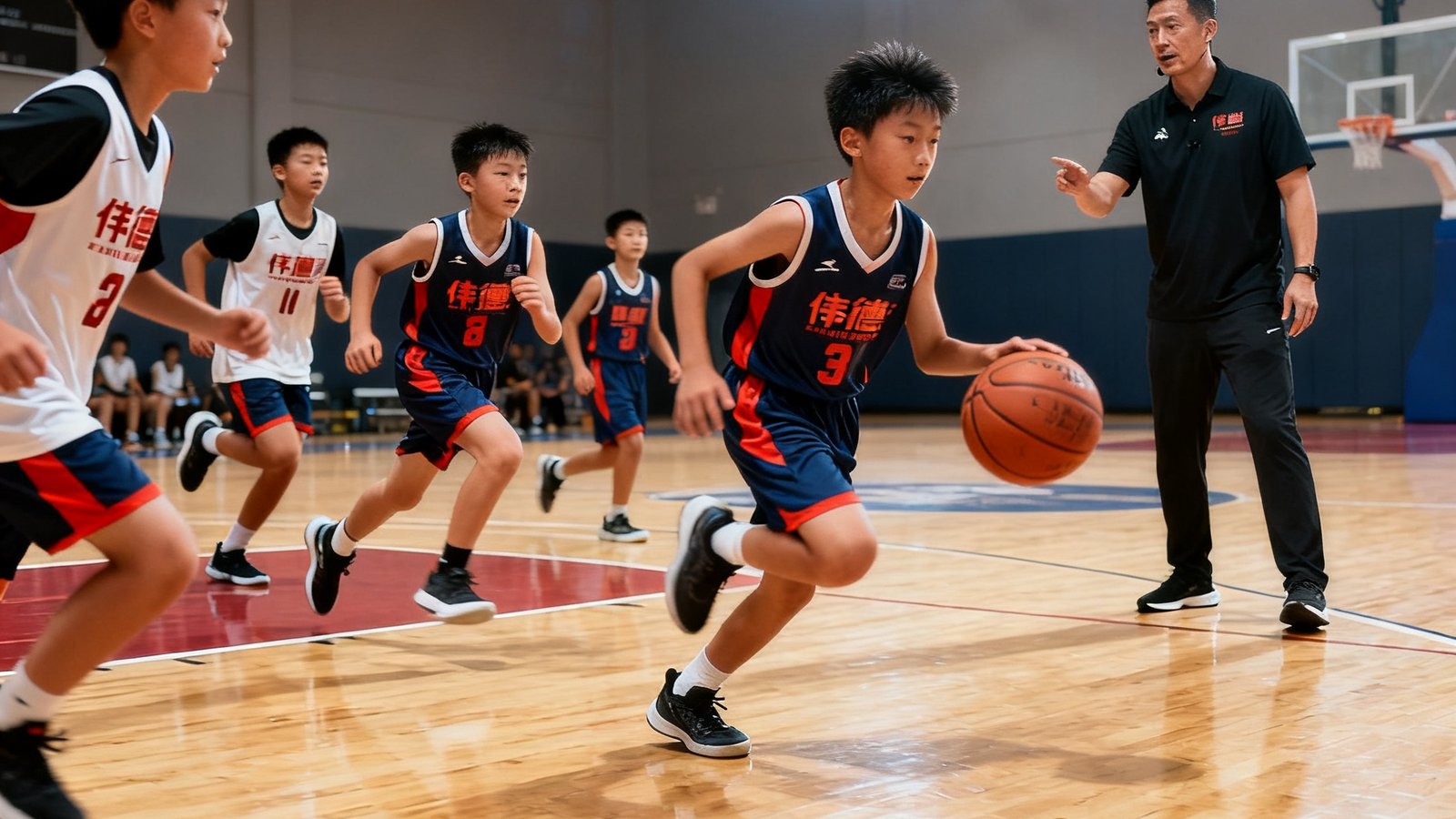 一群身穿伟德体育训练服的青少年在室内篮球场上奋力奔跑、运球突破，教练在场边指导，场馆灯光明亮，地面为专业运动木地板。